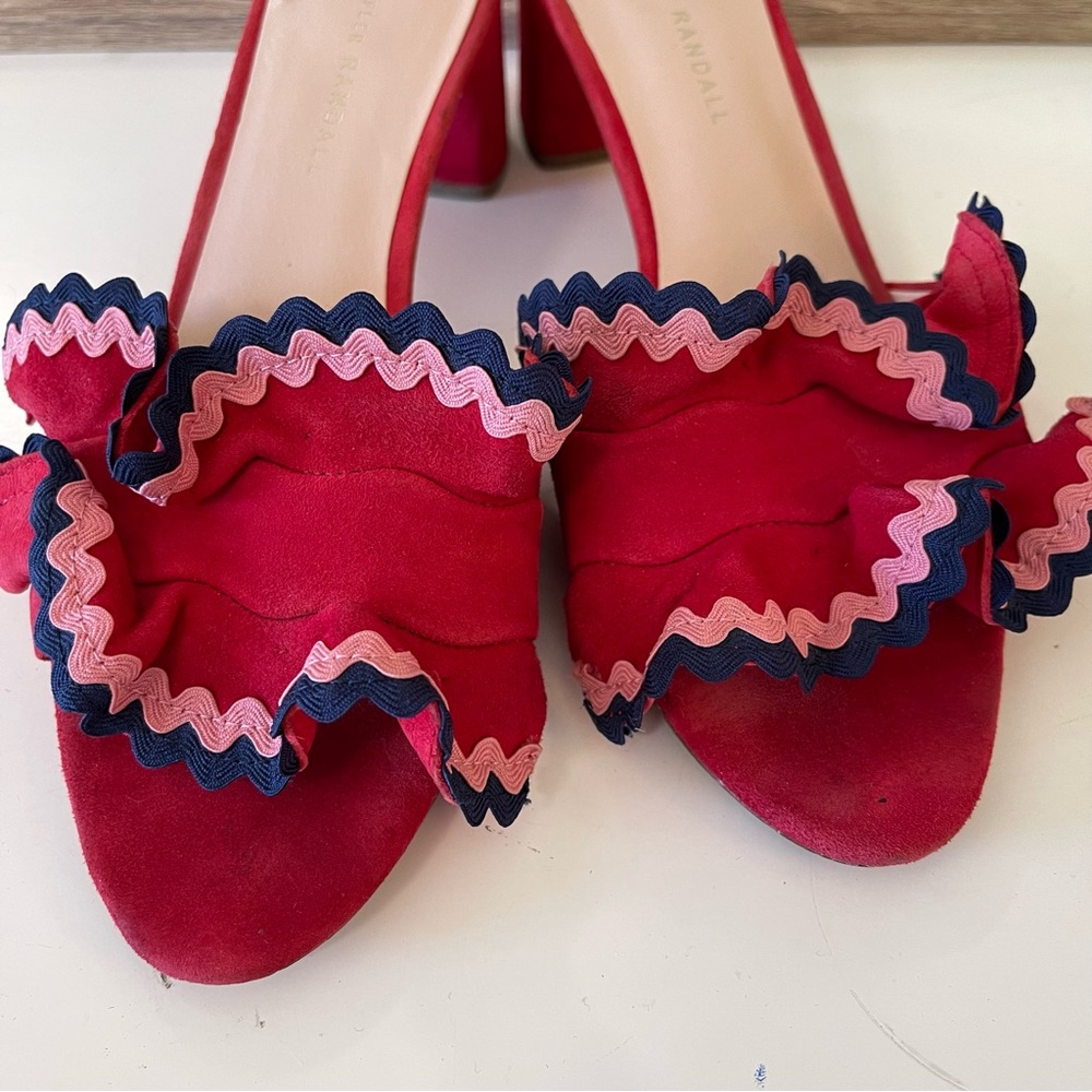 LOEFFLER RANDALL Vera City Red Suede Ruffle Slide Sandals - Picture 9 of 15
